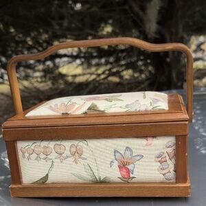 Vintage Wood and Floral Fabric Sewing Box with Handle